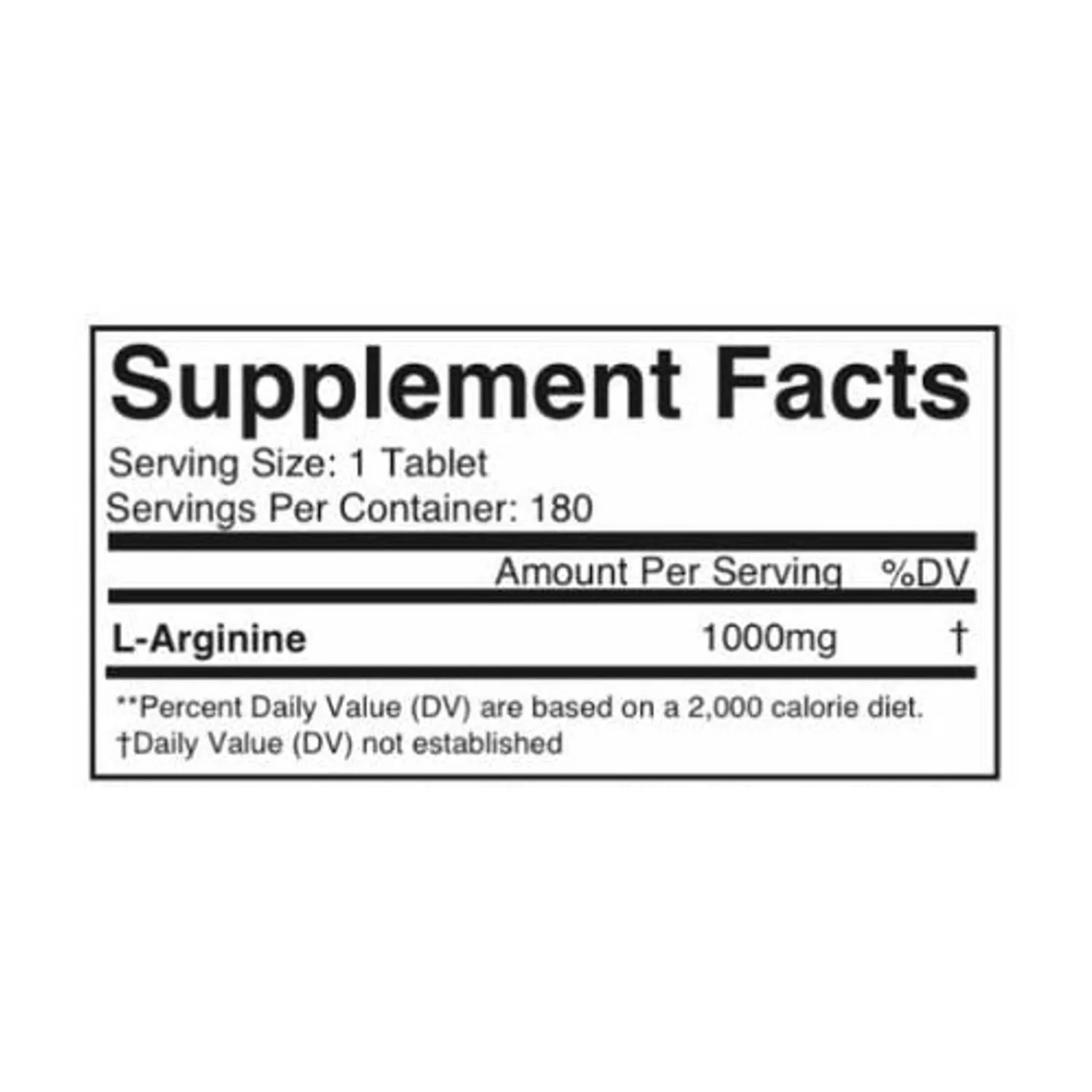 Supplement Facts: Serving Size 1 Tablet, 180 servings per container. L-Arginine 1000mg per serving. Daily Value not established