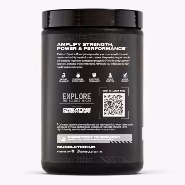 Back label of MuscleTech Platinum Creatine Monohydrate container highlighting benefits: build muscle, increase strength, support recovery, HPLC tested, and mixes easily