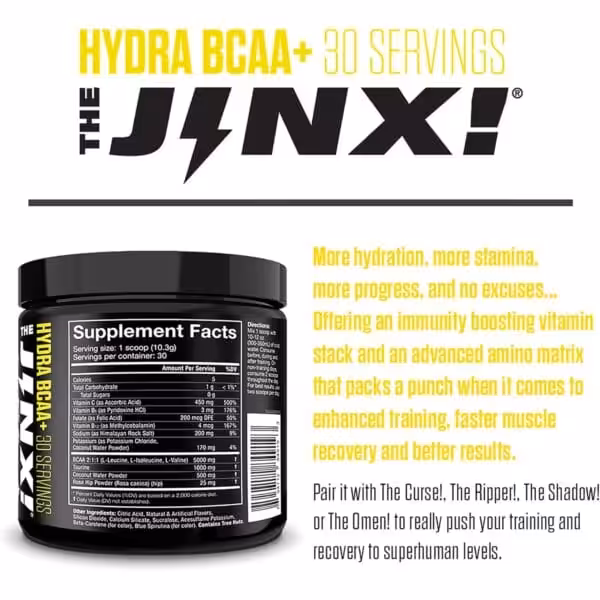 The Jinx! Hydra BCAA+ supplement tub showing supplement facts label with 5000mg BCAA, 30 servings per container