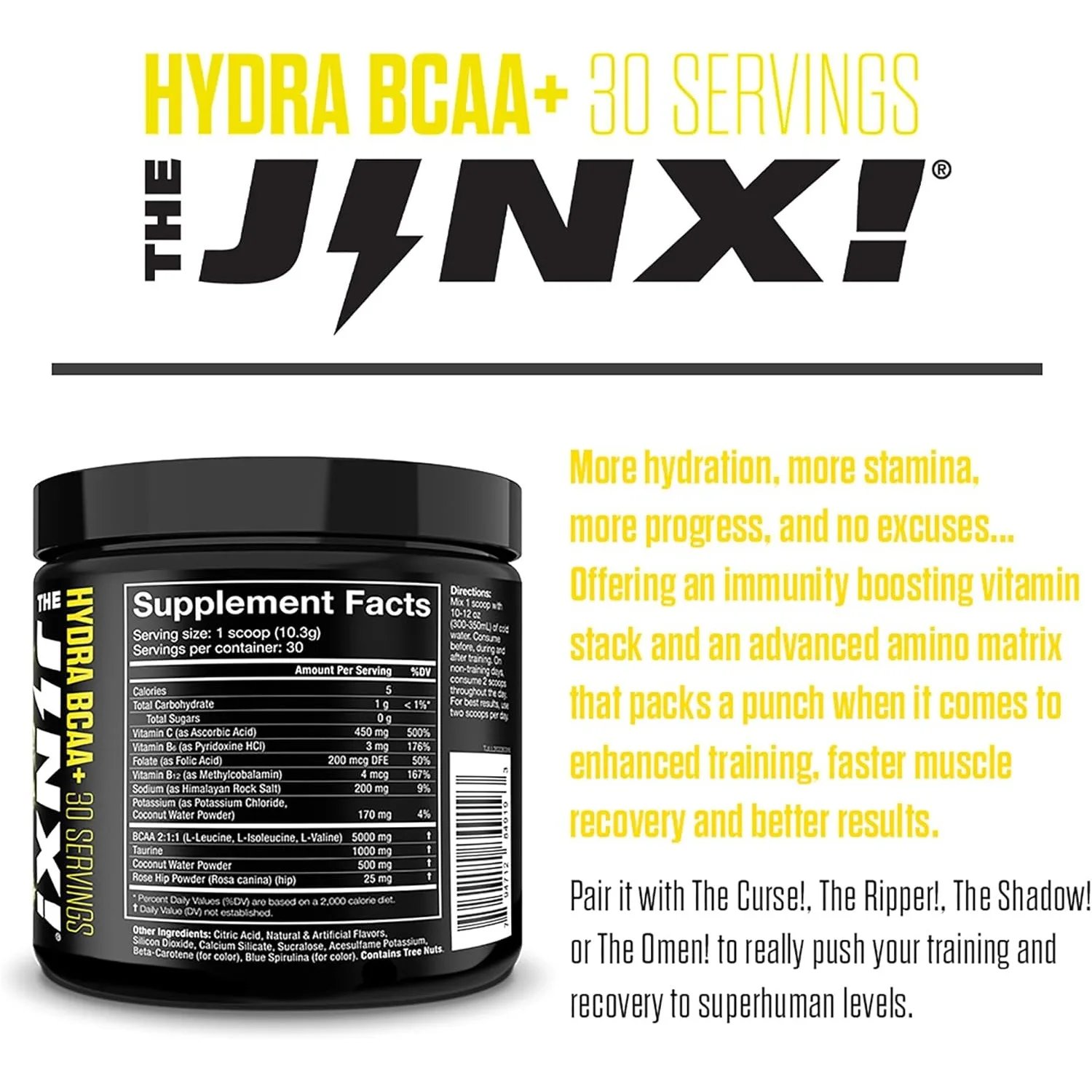 The Jinx! Hydra BCAA+ supplement tub showing supplement facts label with 5000mg BCAA, 30 servings per container