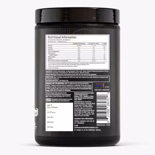 Back label of MuscleTech creatine monohydrate powder showing nutrition facts, ingredients, directions, and warnings. Each serving contains 3g creatine monohydrate