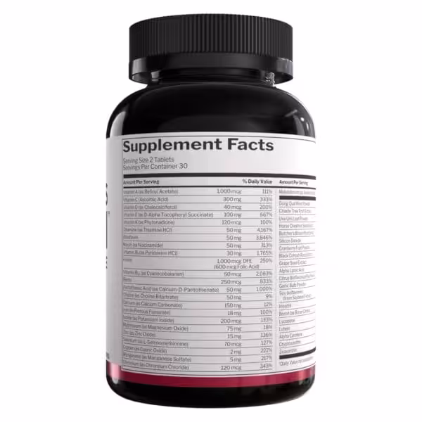 Supplement Facts label showing serving size 2 tablets, 30 servings, with vitamins A, C, D, E, K, B-complex, minerals, and herbal extracts