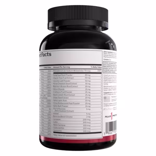 Back of supplement bottle showing Supplement Facts label with ingredients including Dong Quai Root Powder, Chaste Tree Fruit Extract, Black Cohosh Root Extract, and other botanicals with dosages