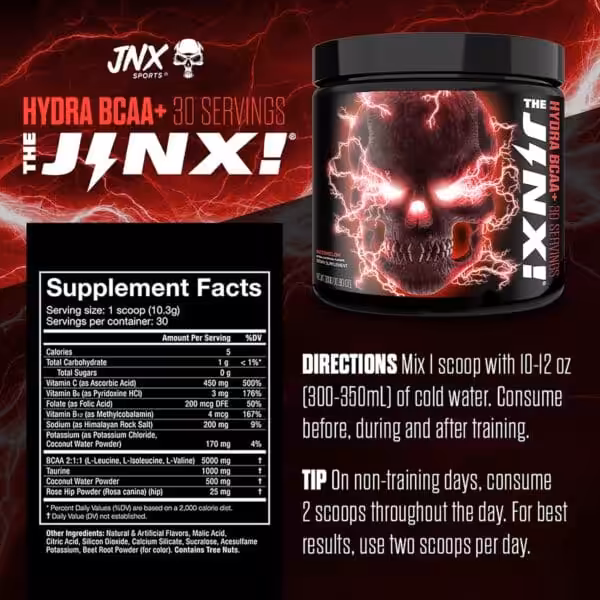 JNX Sports The Jinx Hydra BCAA+ supplement facts panel showing 30 servings, 5000mg BCAA 2:1:1, with directions to mix 1 scoop in 10–12 oz cold water