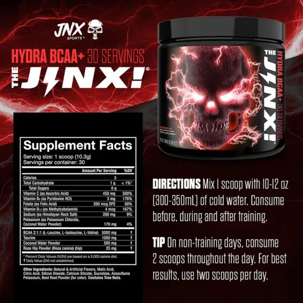 JNX Sports The Jinx Hydra BCAA+ supplement facts panel showing 30 servings, 5000mg BCAA 2:1:1, with directions to mix 1 scoop in 10–12 oz cold water