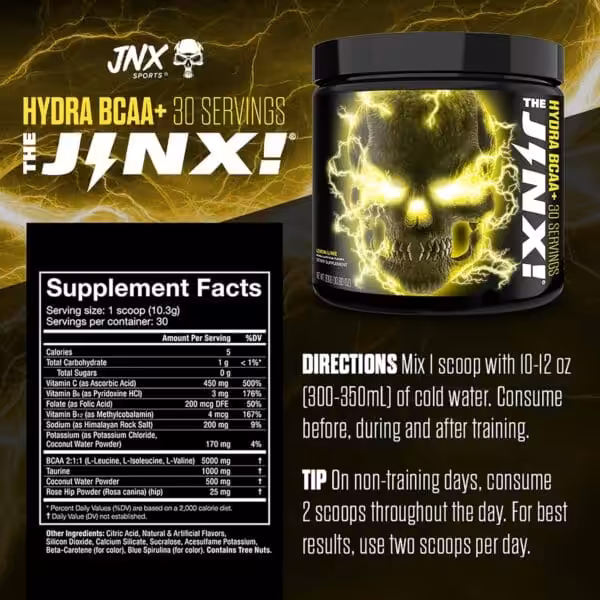 JNX Sports The Jinx Hydra BCAA+ Lemon Lime, 30 servings, with supplement facts and directions shown