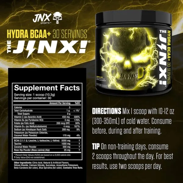 JNX Sports The Jinx Hydra BCAA+ Lemon Lime, 30 servings, with supplement facts and directions shown