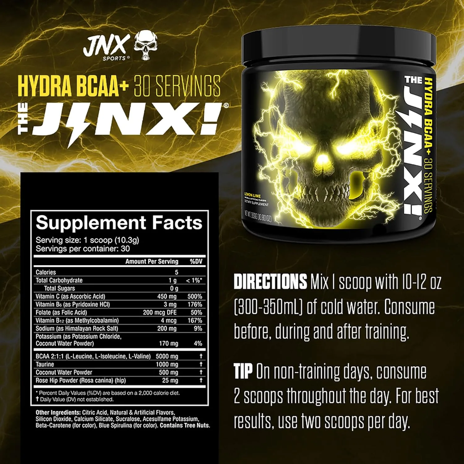 JNX Sports The Jinx Hydra BCAA+ Lemon Lime, 30 servings, with supplement facts and directions shown