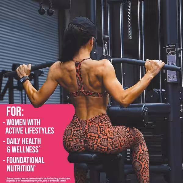 Muscular woman doing lat pulldown at the gym. Text reads: For: women with active lifestyles, daily health & wellness, foundational nutrition