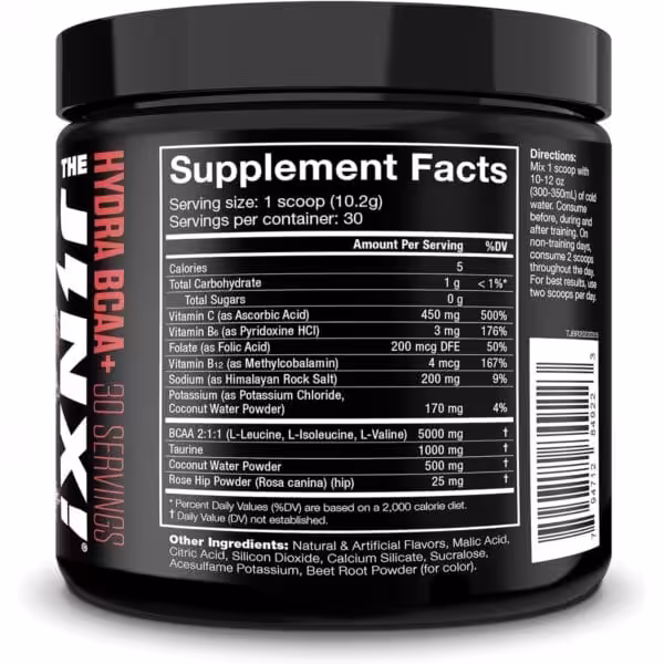 Back label of JNX The Hydra BCAA+ supplement showing nutrition facts: 30 servings, 5 calories, 5000mg BCAA 2:1:1, 1000mg Taurine, 500% Vitamin C per serving