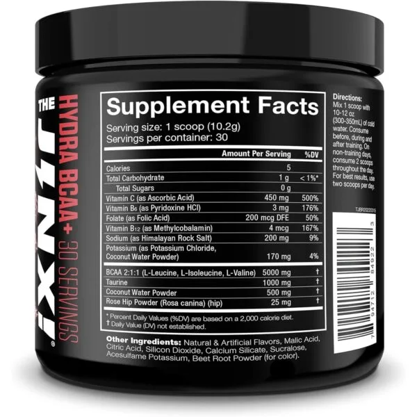 Back label of JNX The Hydra BCAA+ supplement showing nutrition facts: 30 servings, 5 calories, 5000mg BCAA 2:1:1, 1000mg Taurine, 500% Vitamin C per serving
