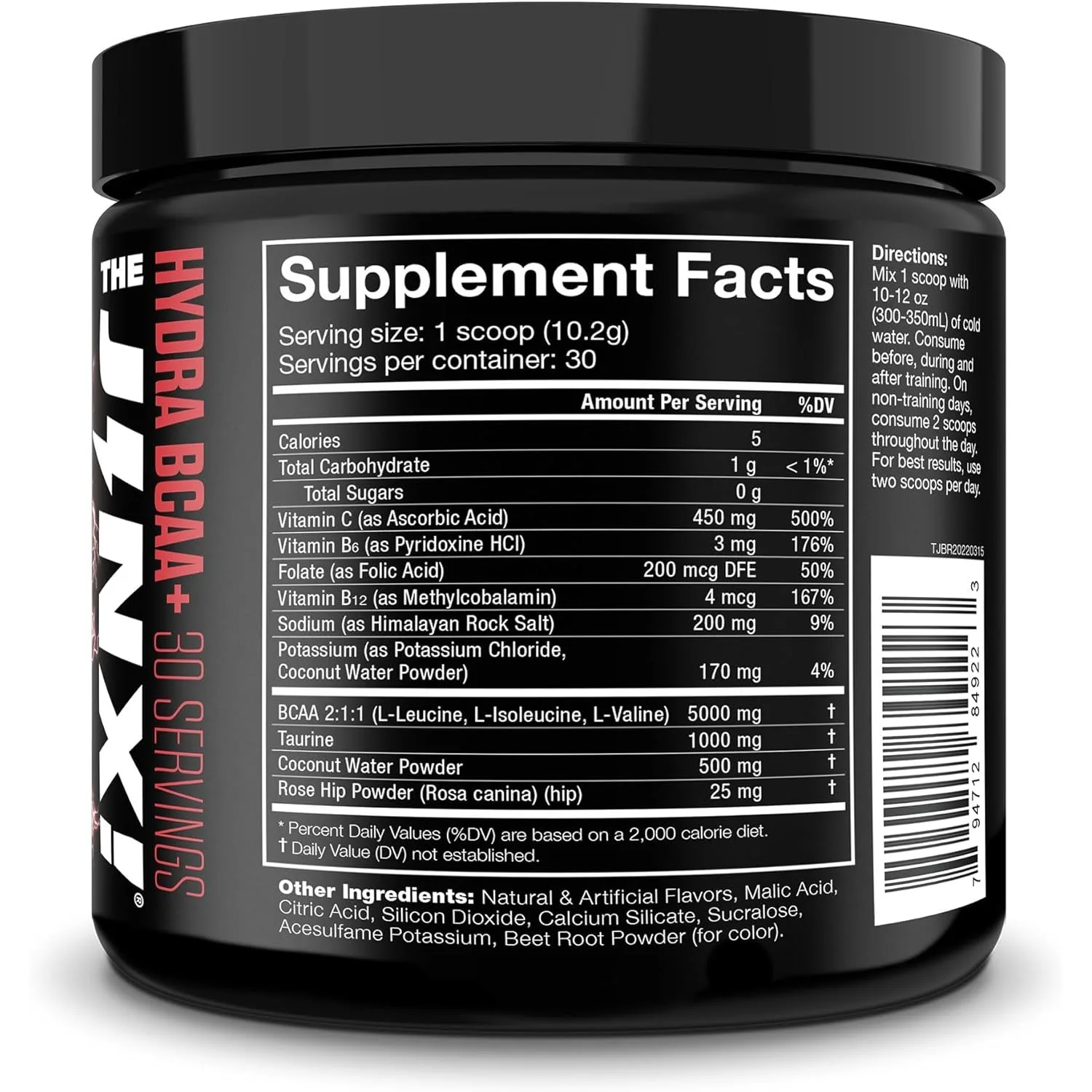 Back label of JNX The Hydra BCAA+ supplement showing nutrition facts: 30 servings, 5 calories, 5000mg BCAA 2:1:1, 1000mg Taurine, 500% Vitamin C per serving