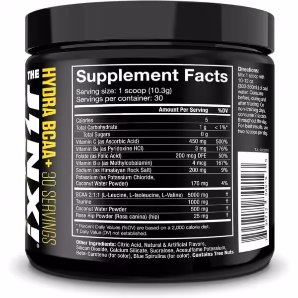 Supplement Facts panel for JNX The Hydra BCAA+, 30 servings: 5 calories, 5000mg BCAA 2:1:1, 1000mg Taurine, 500mg Coconut Water Powder per scoop. Contains Tree Nuts