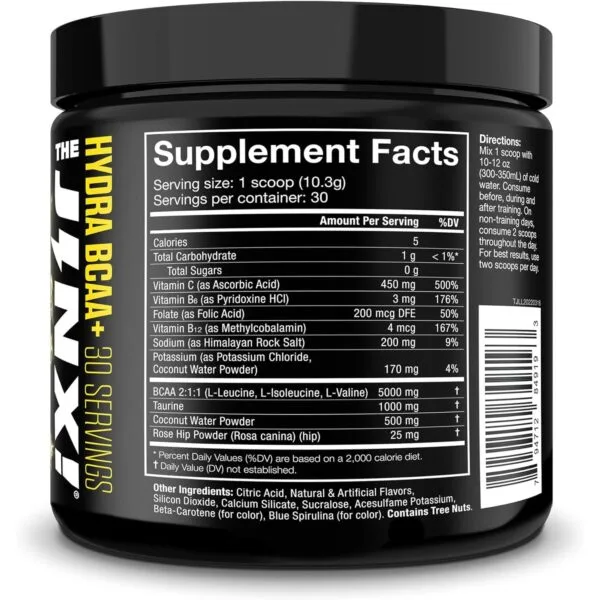 Supplement Facts panel for JNX The Hydra BCAA+, 30 servings: 5 calories, 5000mg BCAA 2:1:1, 1000mg Taurine, 500mg Coconut Water Powder per scoop. Contains Tree Nuts