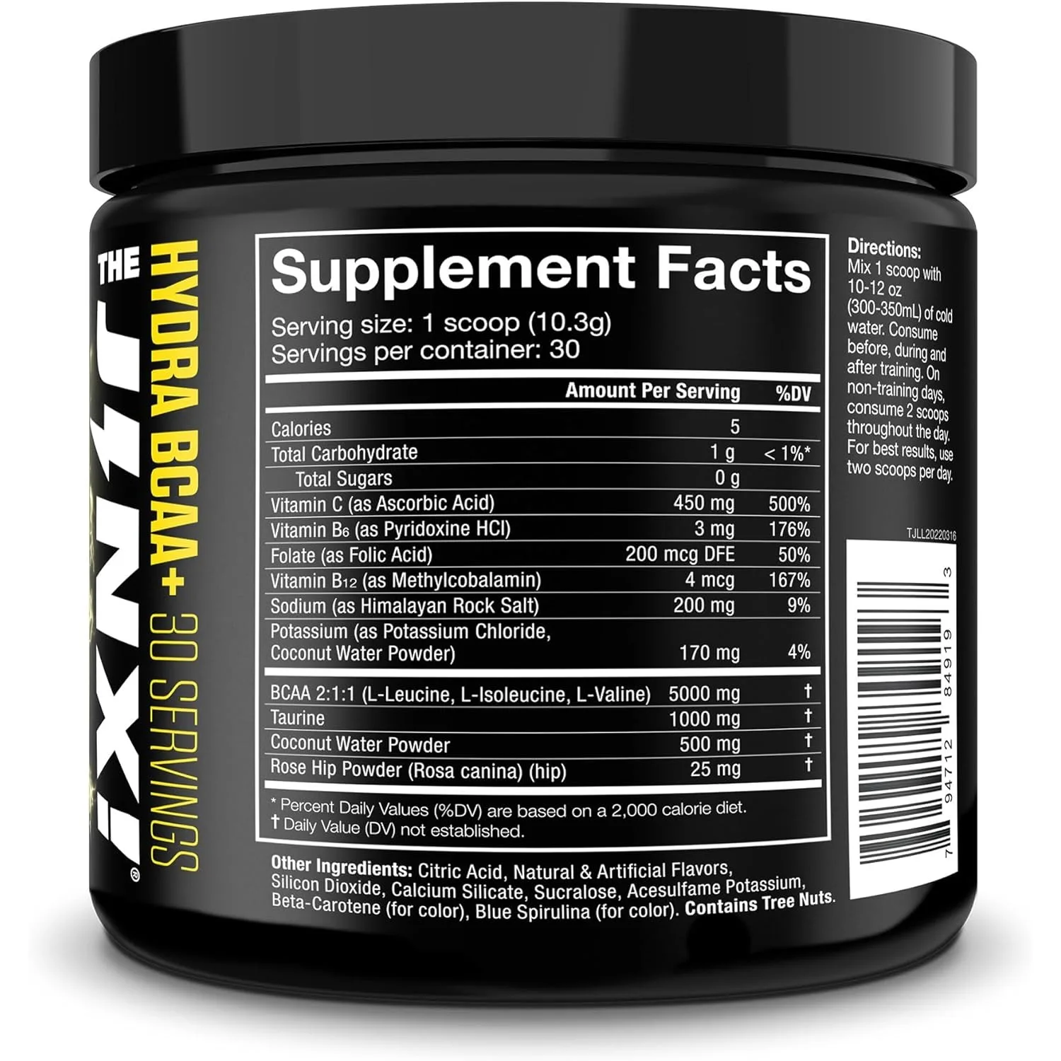 Supplement Facts panel for JNX The Hydra BCAA+, 30 servings: 5 calories, 5000mg BCAA 2:1:1, 1000mg Taurine, 500mg Coconut Water Powder per scoop. Contains Tree Nuts