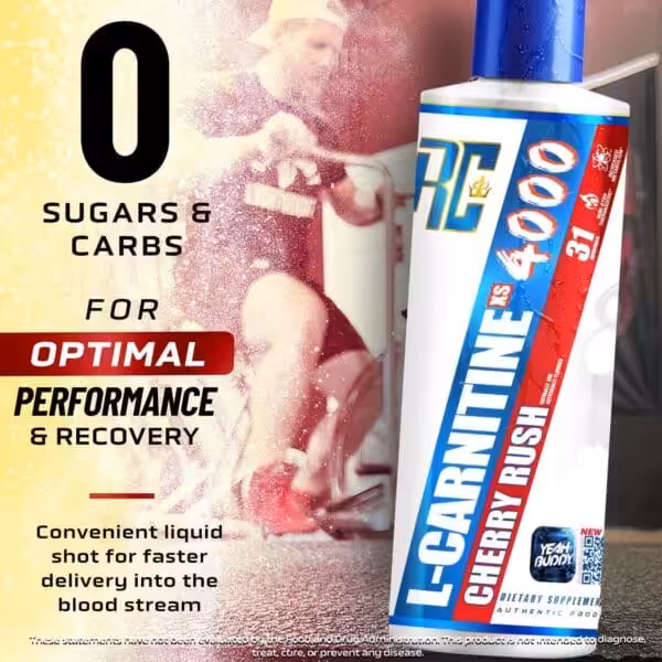 RC L-Carnitine XS 4000 Cherry Rush liquid shot. 0 sugars and carbs for performance and recovery. Non-stim thermogenic