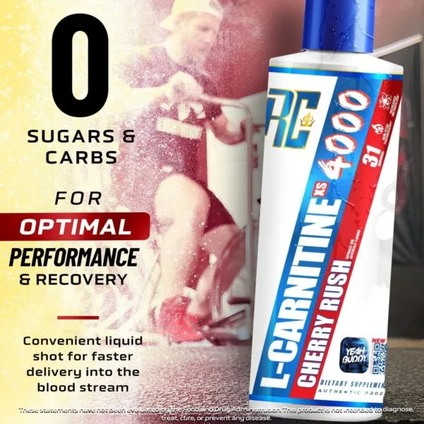 RC L-Carnitine XS 4000 Cherry Rush liquid shot. 0 sugars and carbs for performance and recovery. Non-stim thermogenic