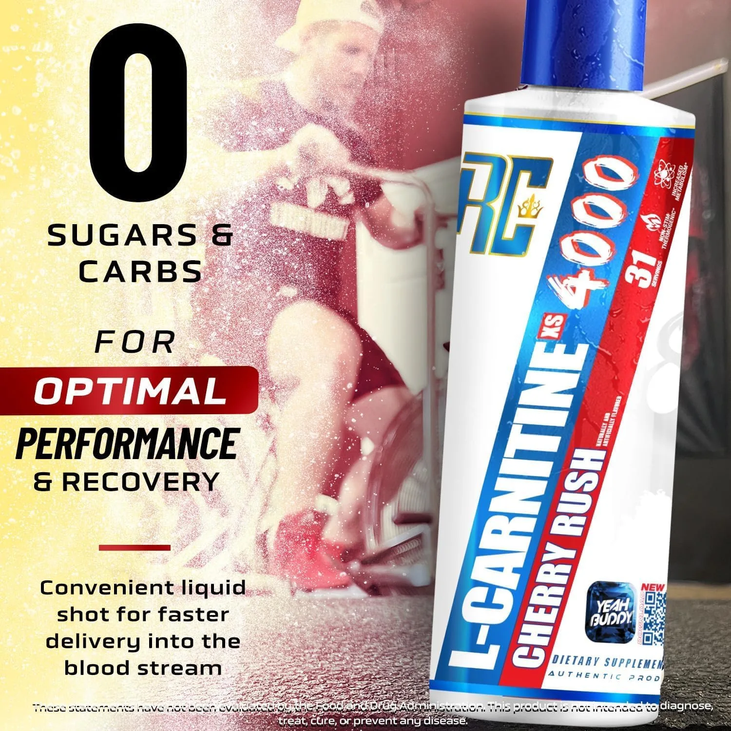 RC L-Carnitine XS 4000 Cherry Rush liquid shot. 0 sugars and carbs for performance and recovery. Non-stim thermogenic