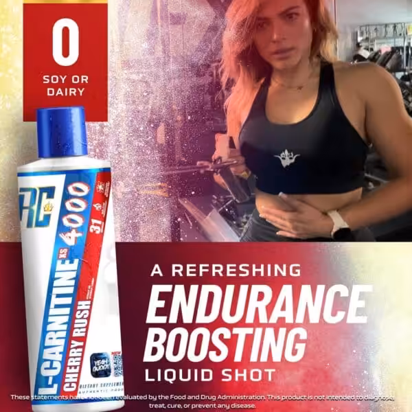 Woman in a gym with RC L-Carnitine XS 4000. Text: 0 Soy or Dairy. A refreshing endurance boosting liquid shot