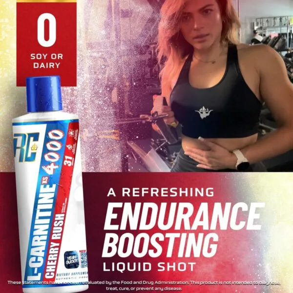 Woman in a gym with RC L-Carnitine XS 4000. Text: 0 Soy or Dairy. A refreshing endurance boosting liquid shot
