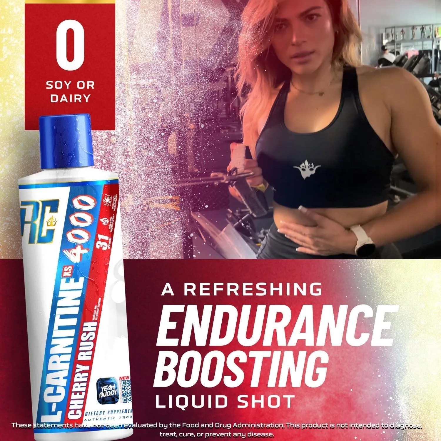 Woman in a gym with RC L-Carnitine XS 4000. Text: 0 Soy or Dairy. A refreshing endurance boosting liquid shot