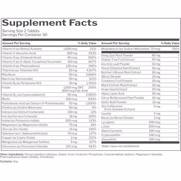Supplement Facts label showing serving size of 2 tablets, 30 servings per container, with vitamins, minerals, and herbal extracts including their amounts and daily values