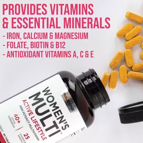 Rule One Women's Multi Active Lifestyle multivitamin bottle with tablets spilled out; provides vitamins and essential minerals including iron, calcium, magnesium, folate, biotin, B12, and antioxidant vitamins A, C, and E
