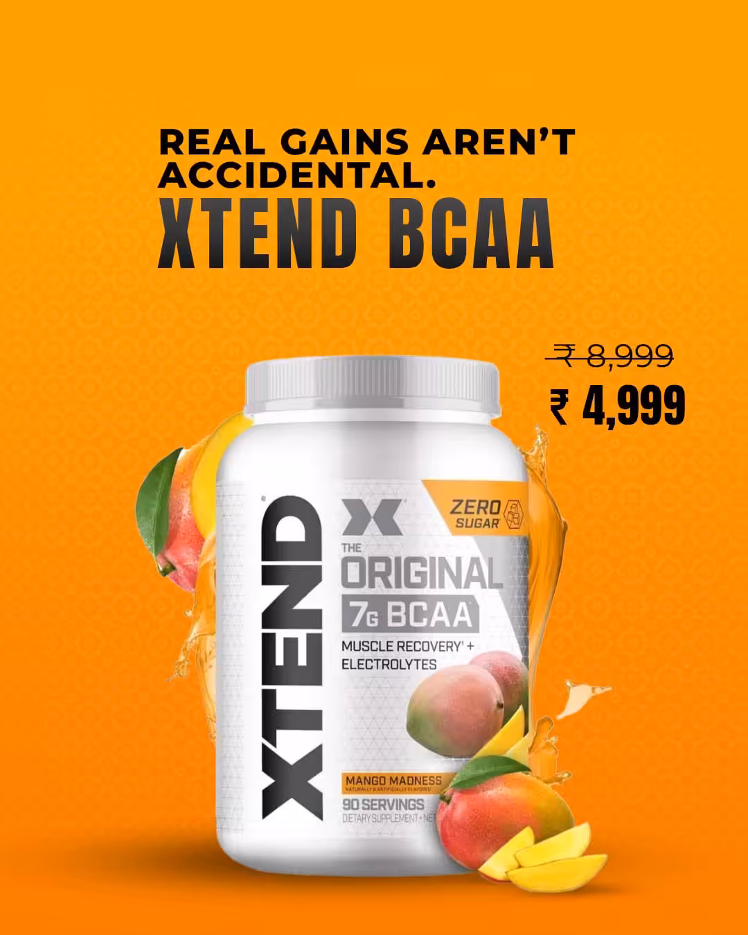 XTEND BCAA Mango Madness, 90 servings, 7g BCAA, zero sugar. Price: ₹4,999, reduced from ₹8,999