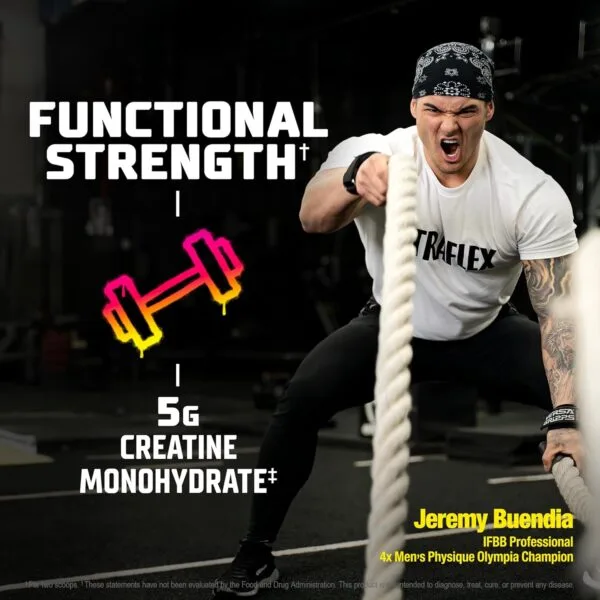 Jeremy Buendia, IFBB Professional 4x Men's Physique Olympia Champion, doing battle rope training; text reads Functional Strength, 5g Creatine Monohydrate