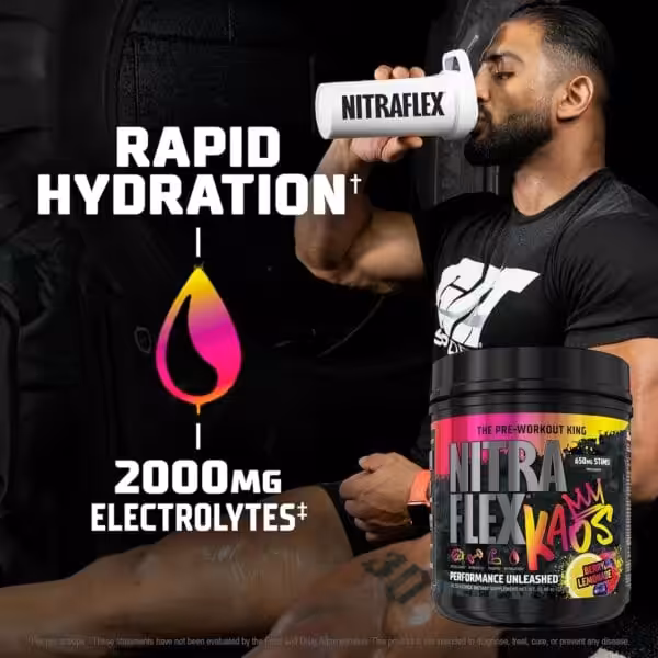 Nitraflex Kaos pre-workout supplement in Berry Lemonade flavor, highlighting rapid hydration and 2000mg electrolytes, with athlete drinking from a Nitraflex shaker