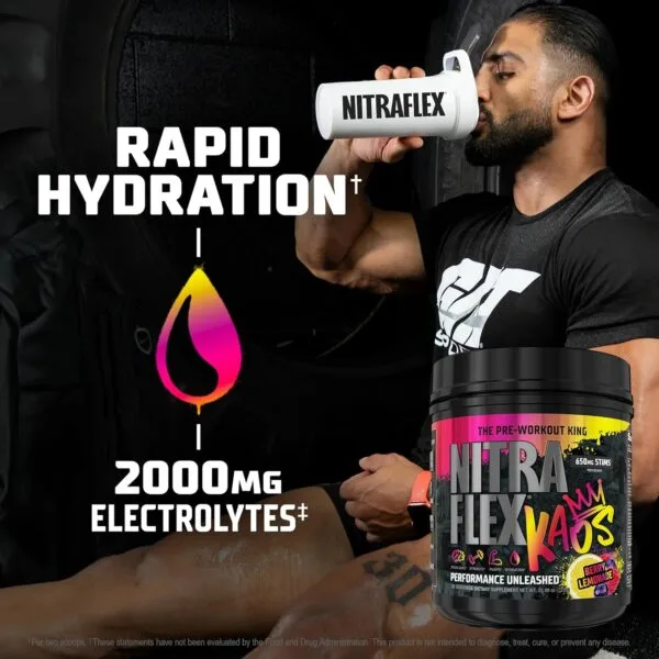 Nitraflex Kaos pre-workout supplement in Berry Lemonade flavor, highlighting rapid hydration and 2000mg electrolytes, with athlete drinking from a Nitraflex shaker