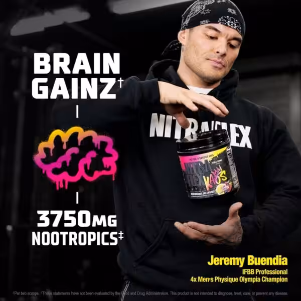 Jeremy Buendia, IFBB Professional 4x Men's Physique Olympia Champion, holding Nitraflex Kaos pre-workout; Brain Gainz, 3750mg Nootropics