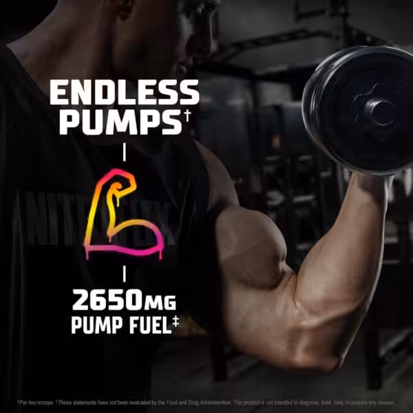Muscular person curling a dumbbell in a gym; text reads Endless Pumps with 2650mg Pump Fuel