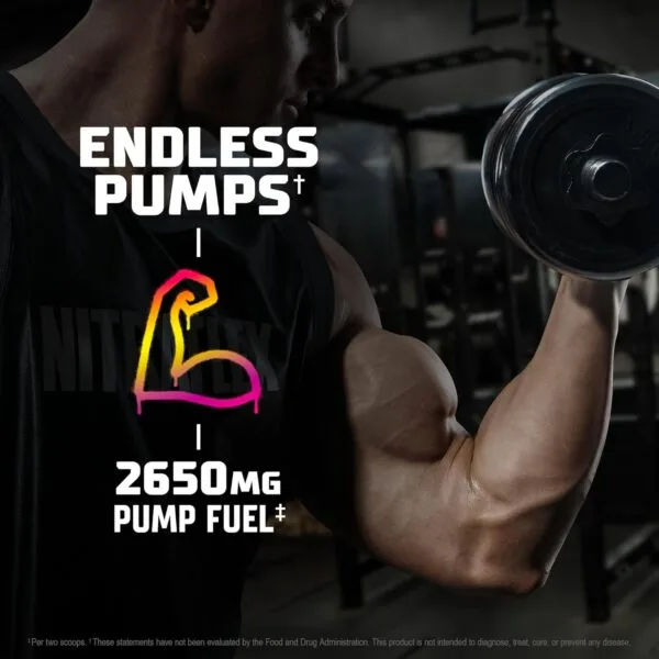 Muscular person curling a dumbbell in a gym; text reads Endless Pumps with 2650mg Pump Fuel