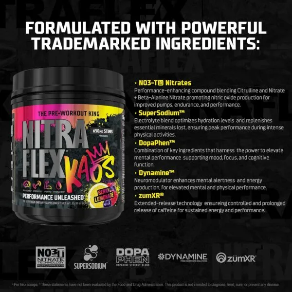 NitраFlex KAOS pre-workout supplement in Berry Lemonade flavor, highlighting key trademarked ingredients: NO3-T Nitrates, SuperSodium, DopaPhen, Dynamine, and zumXR