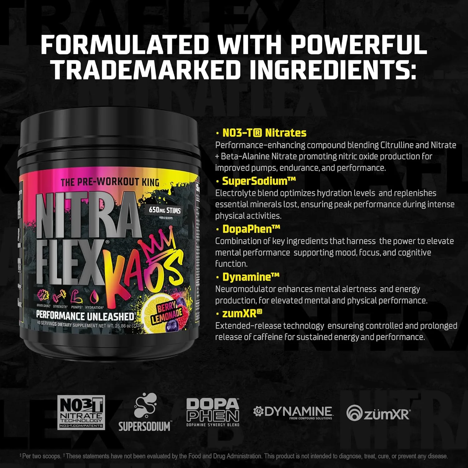 NitраFlex KAOS pre-workout supplement in Berry Lemonade flavor, highlighting key trademarked ingredients: NO3-T Nitrates, SuperSodium, DopaPhen, Dynamine, and zumXR