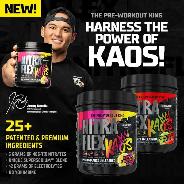 NitраFlex KAOS pre-workout supplement in Berry Lemonade and White Cherry Limeade flavors, endorsed by Jeremy Buendia, 4x Men's Physique Olympia Champion, with 650mg stims and 25+ patented ingredients