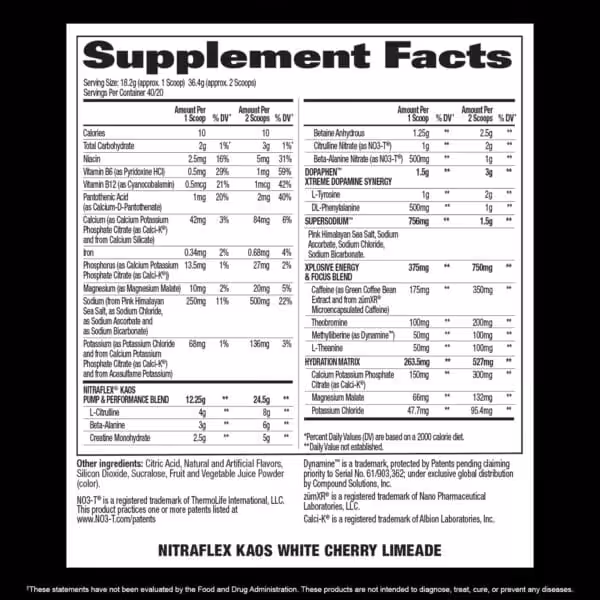 Supplement Facts panel for Nitraflex Kaos White Cherry Limeade: serving size 18.2g (1 scoop), 40 servings. Key ingredients include L-Citrulline 4g, Beta-Alanine 3g, Creatine Monohydrate 2.5g, Caffeine 175mg, and Sodium 250mg per scoop