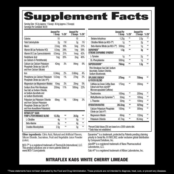 Supplement Facts panel for Nitraflex Kaos White Cherry Limeade: serving size 18.2g (1 scoop), 40 servings. Key ingredients include L-Citrulline 4g, Beta-Alanine 3g, Creatine Monohydrate 2.5g, Caffeine 175mg, and Sodium 250mg per scoop