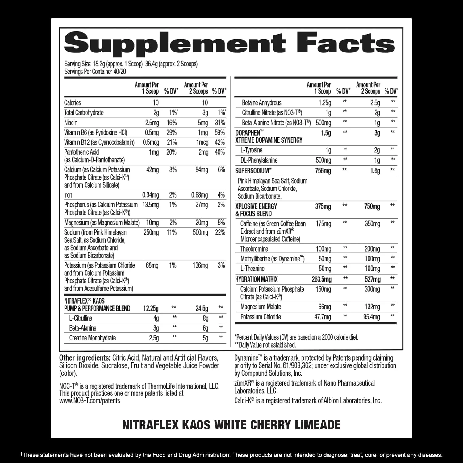 Supplement Facts panel for Nitraflex Kaos White Cherry Limeade: serving size 18.2g (1 scoop), 40 servings. Key ingredients include L-Citrulline 4g, Beta-Alanine 3g, Creatine Monohydrate 2.5g, Caffeine 175mg, and Sodium 250mg per scoop
