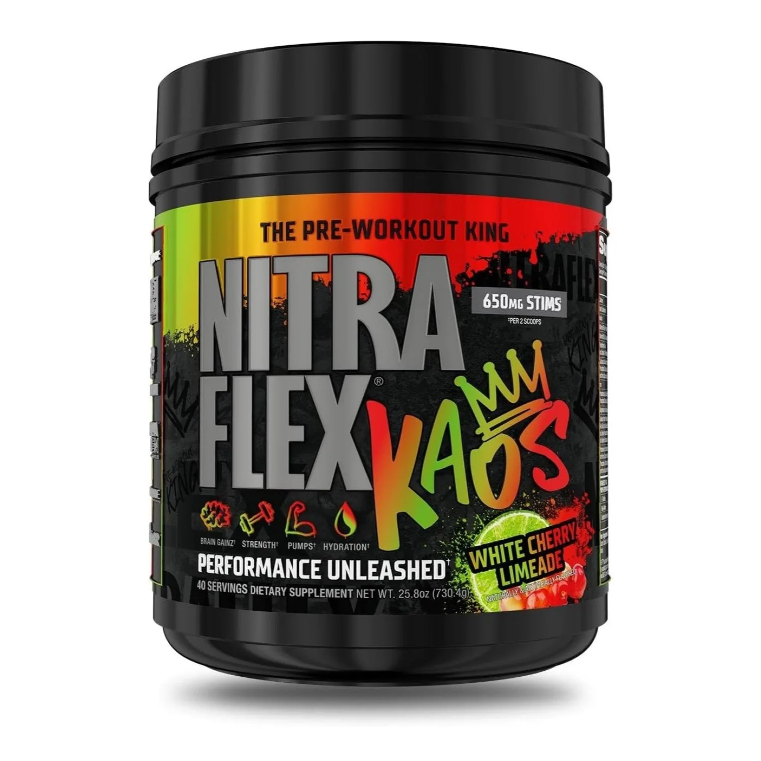 NitраFlex Kaos pre-workout supplement, White Cherry Limeade flavor, 40 servings, 25.8 oz tub with 650mg stims
