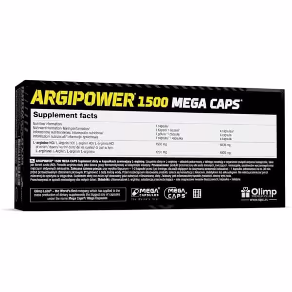 Olimp ArgiPower 1500 Mega Caps supplement facts panel showing L-arginine HCl 1500 mg per capsule and 6000 mg per 4 capsules