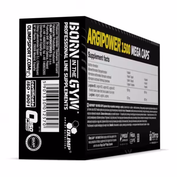 Olimp ArgiPower 1500 Mega Caps supplement box showing supplement facts panel with L-arginine HCl dosage information