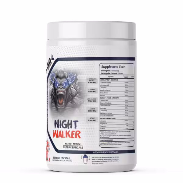 Night Walker Pre-Workout Supplement, Berries Cocktail flavor, 450g container with 30 servings, featuring supplement facts panel