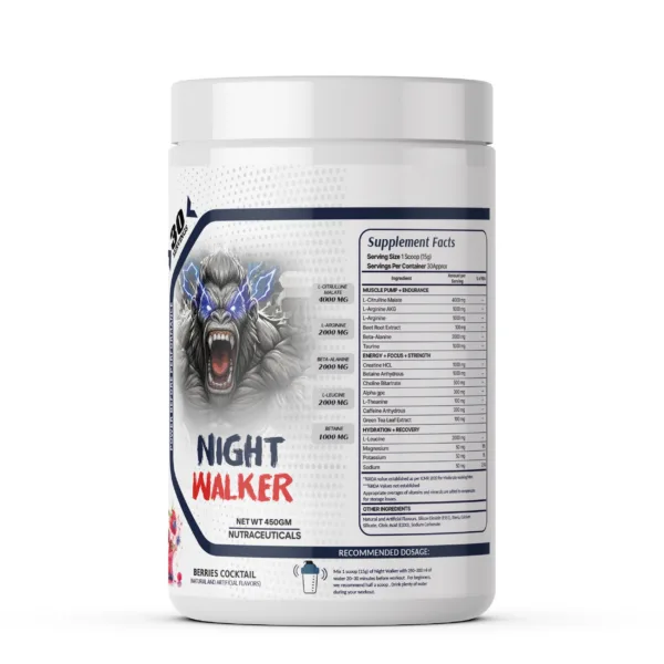Night Walker Pre-Workout Supplement, Berries Cocktail flavor, 450g container with 30 servings, featuring supplement facts panel