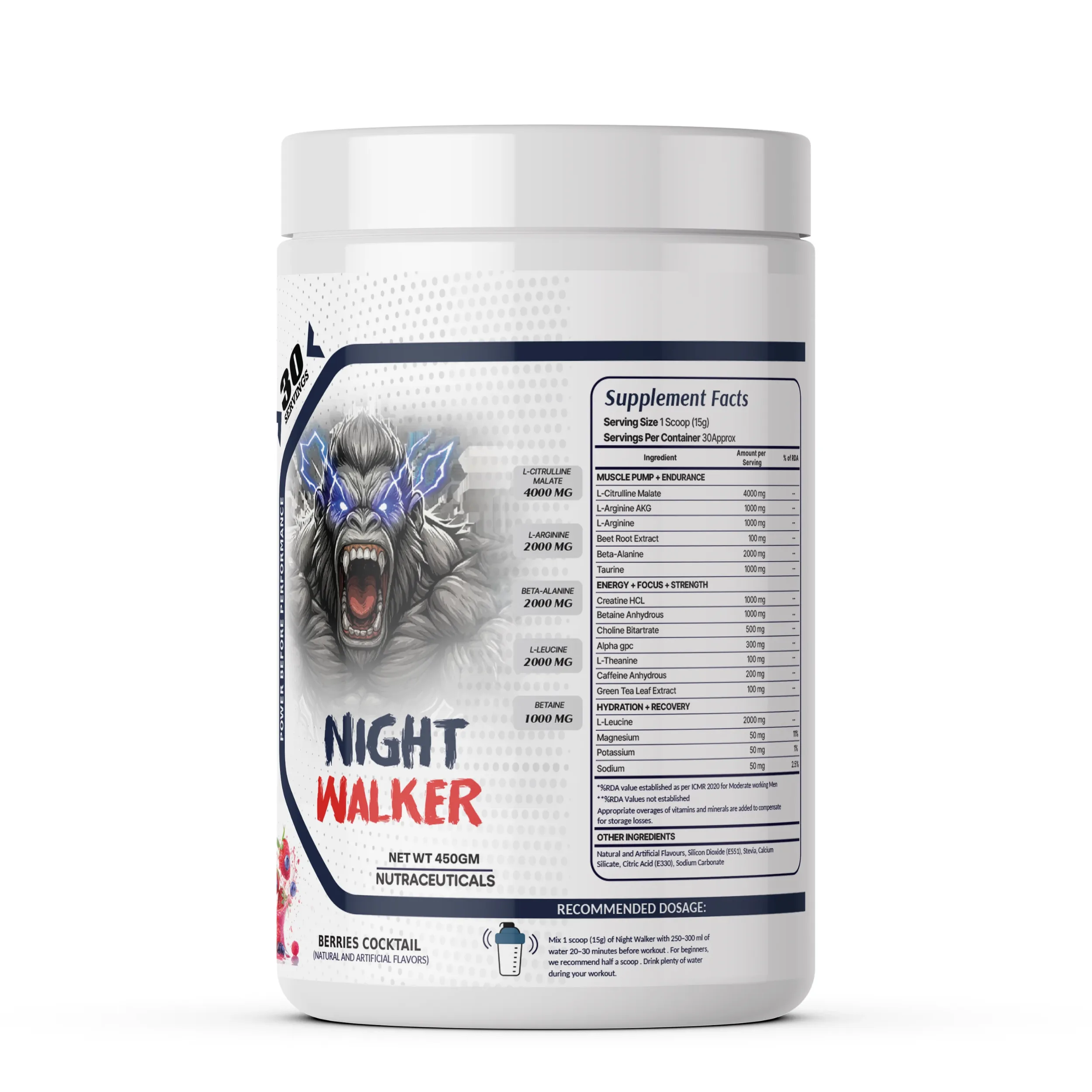 Night Walker Pre-Workout Supplement, Berries Cocktail flavor, 450g container with 30 servings, featuring supplement facts panel