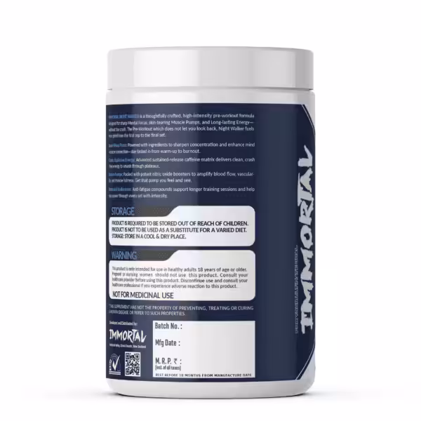 Back label of Immortal Night Walker pre-workout supplement container showing product description, storage instructions, and warning information