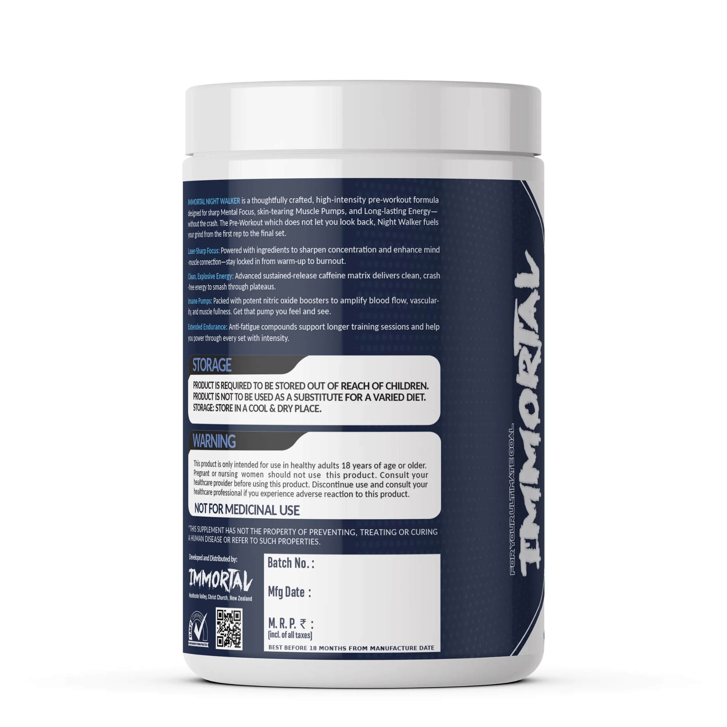 Back label of Immortal Night Walker pre-workout supplement container showing product description, storage instructions, and warning information