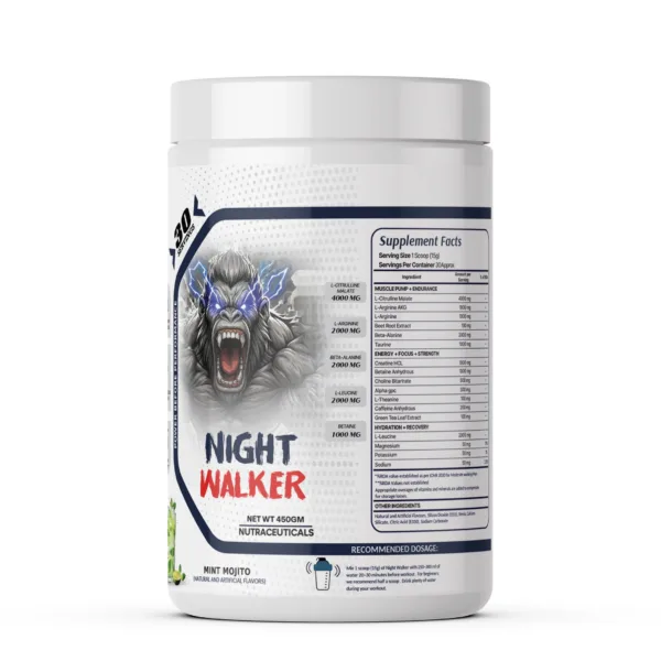 Night Walker pre-workout supplement tub in Mint Mojito flavor, 450g, 30 servings, with supplement facts panel visible