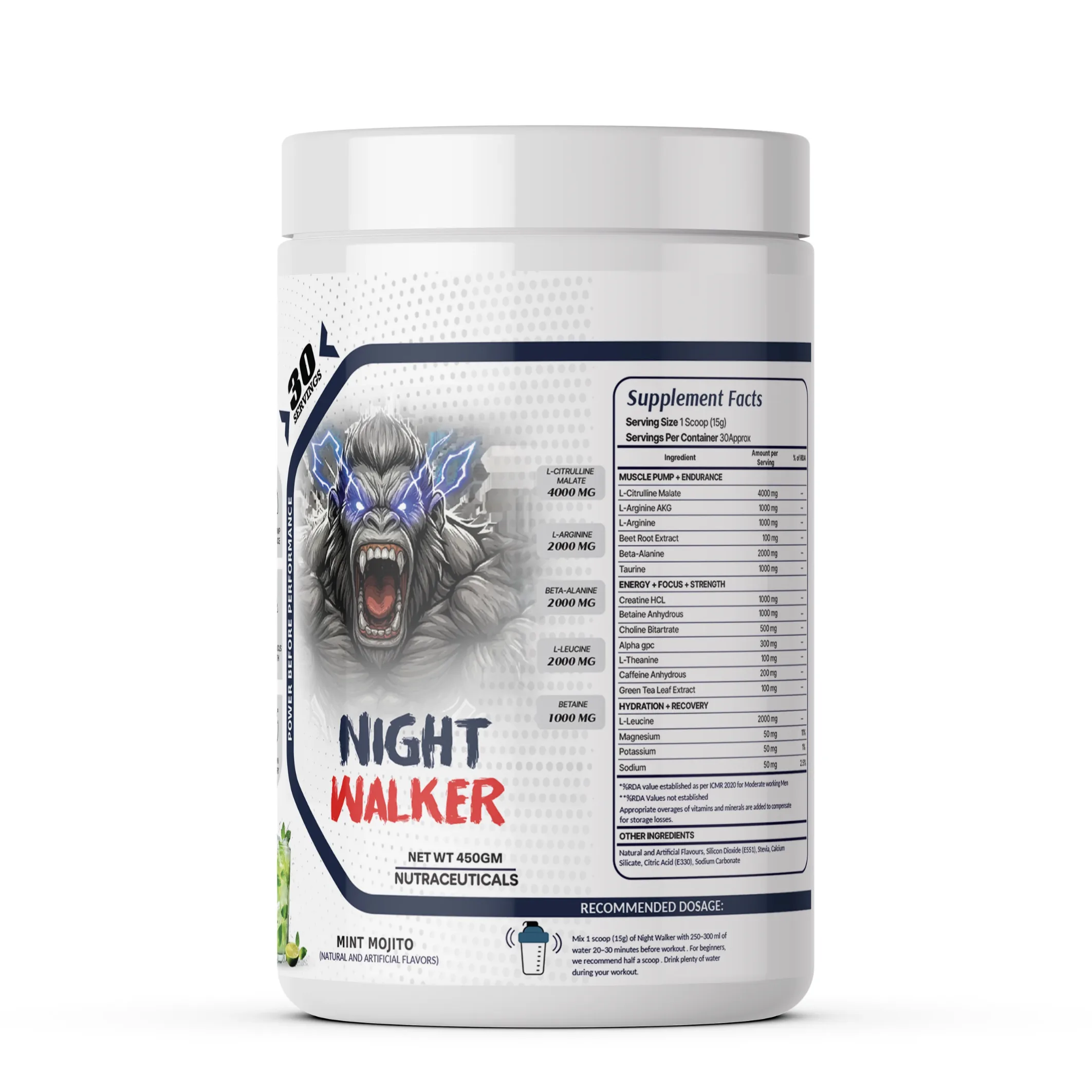 Night Walker pre-workout supplement tub in Mint Mojito flavor, 450g, 30 servings, with supplement facts panel visible